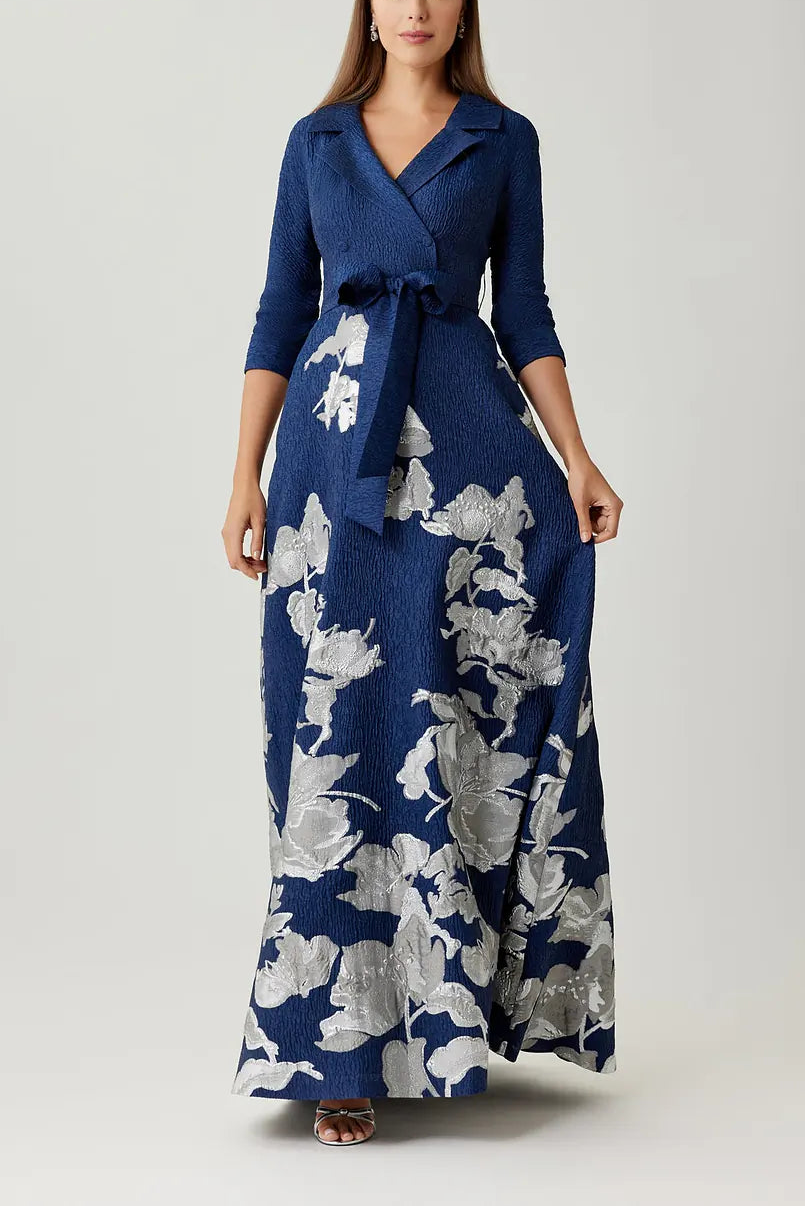 METALLIC JACQUARD FLORAL SHIRTDRESS GOWN IN NAVY SILVER