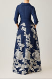 METALLIC JACQUARD FLORAL SHIRTDRESS GOWN IN NAVY SILVER