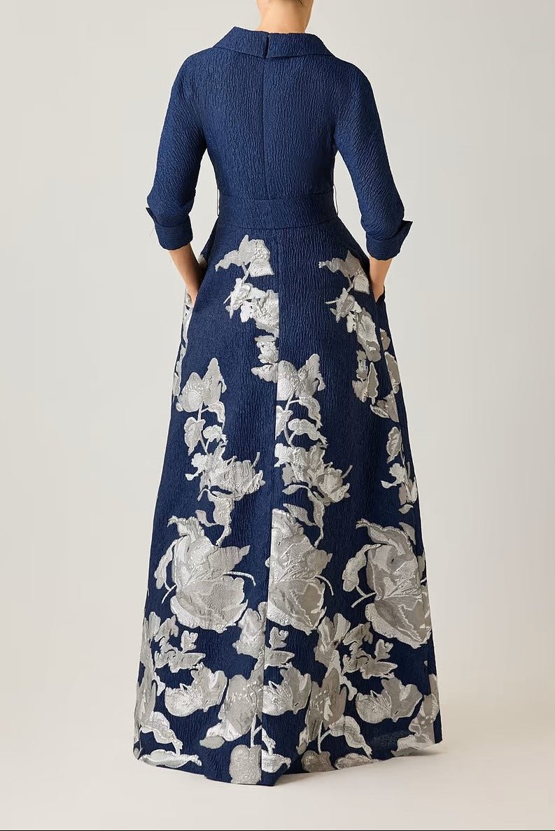 METALLIC JACQUARD FLORAL SHIRTDRESS GOWN IN NAVY SILVER