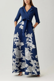 METALLIC JACQUARD FLORAL SHIRTDRESS GOWN IN NAVY SILVER