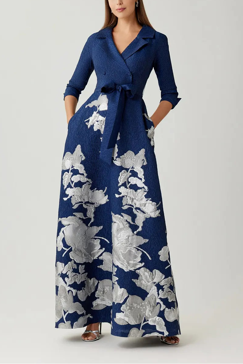 METALLIC JACQUARD FLORAL SHIRTDRESS GOWN IN NAVY SILVER