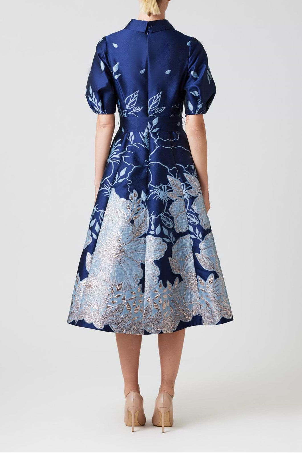 METALLIC JACQUARD FLORAL PUFF SLEEVE DRESS