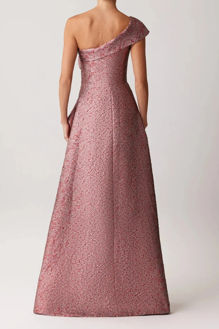 METALLIC JACQUARD ONE SHOULDER RUFFLE EVENING GOWN