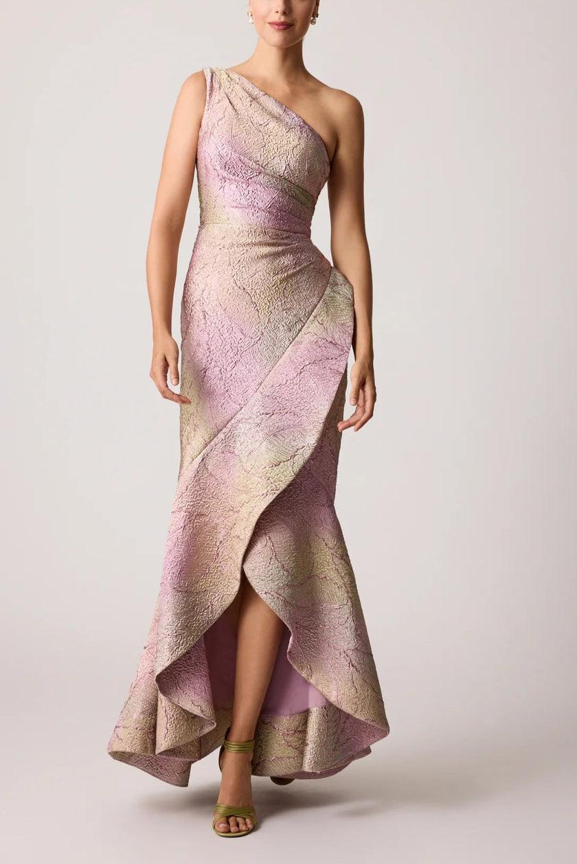 METALLIC JACQUARD LEAF PATTERN GOWN
