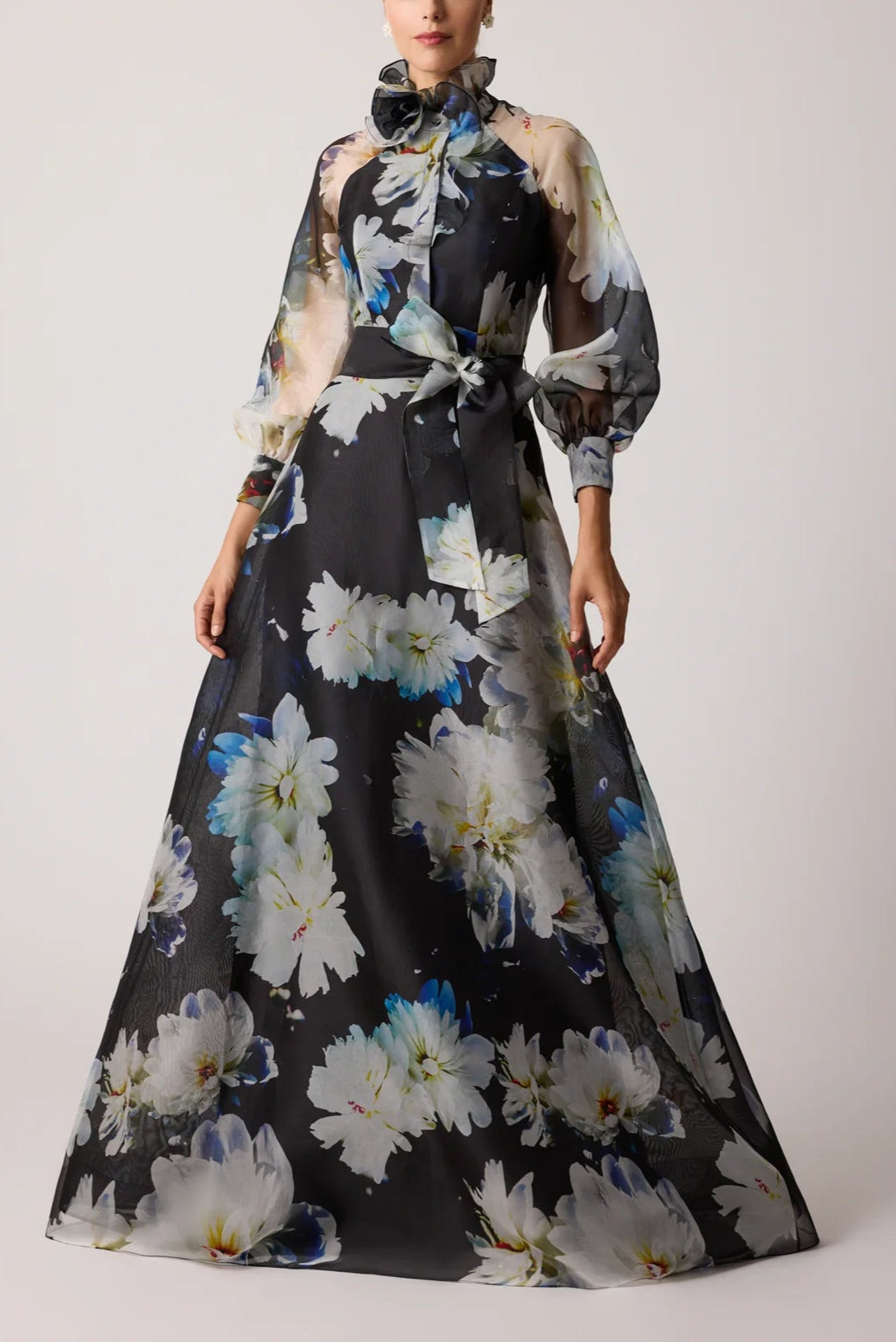 ORGANZA FLORAL PRINTED RUFFLE NECK GOWN