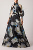 ORGANZA FLORAL PRINTED RUFFLE NECK GOWN