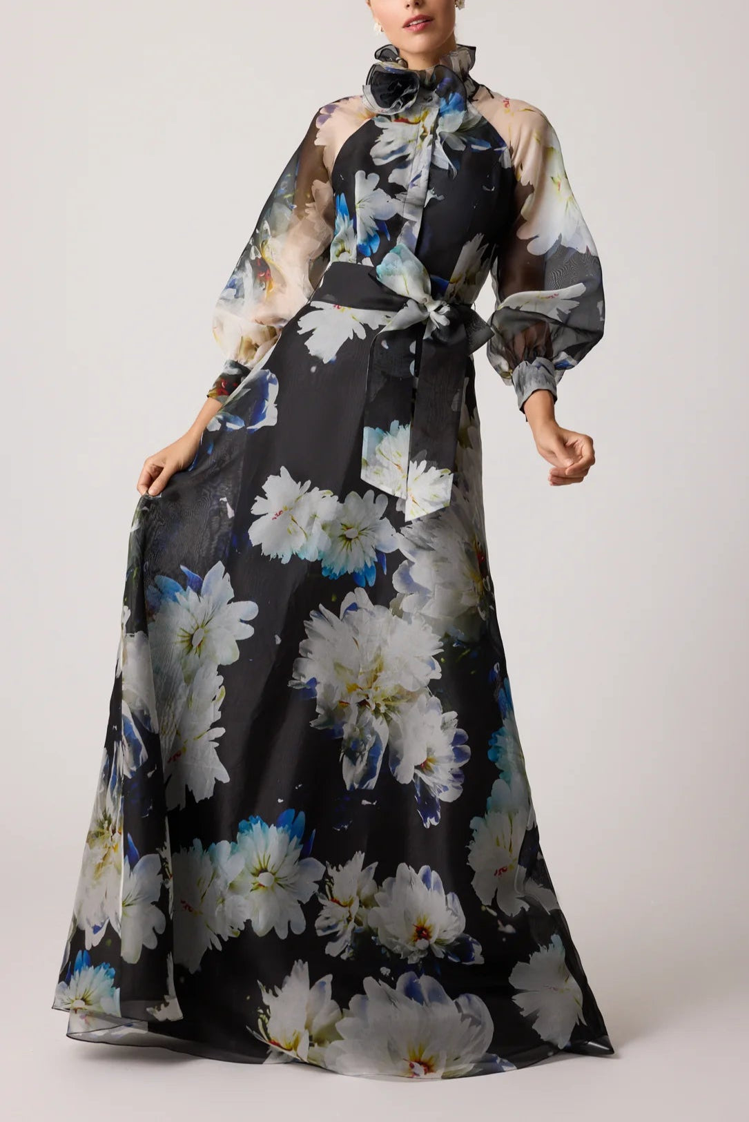 ORGANZA FLORAL PRINTED RUFFLE NECK GOWN