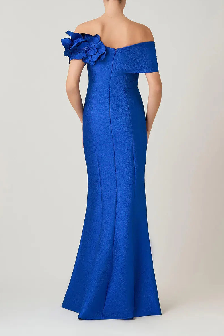 PEBBLE JACQUARD 3D FLOWER OFF THE SHOULDER GOWN