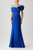 PEBBLE JACQUARD 3D FLOWER OFF THE SHOULDER GOWN
