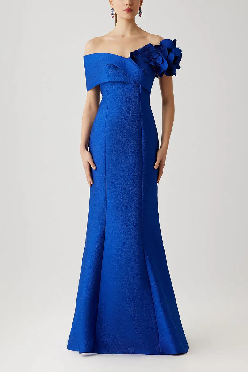 PEBBLE JACQUARD 3D FLOWER OFF THE SHOULDER GOWN