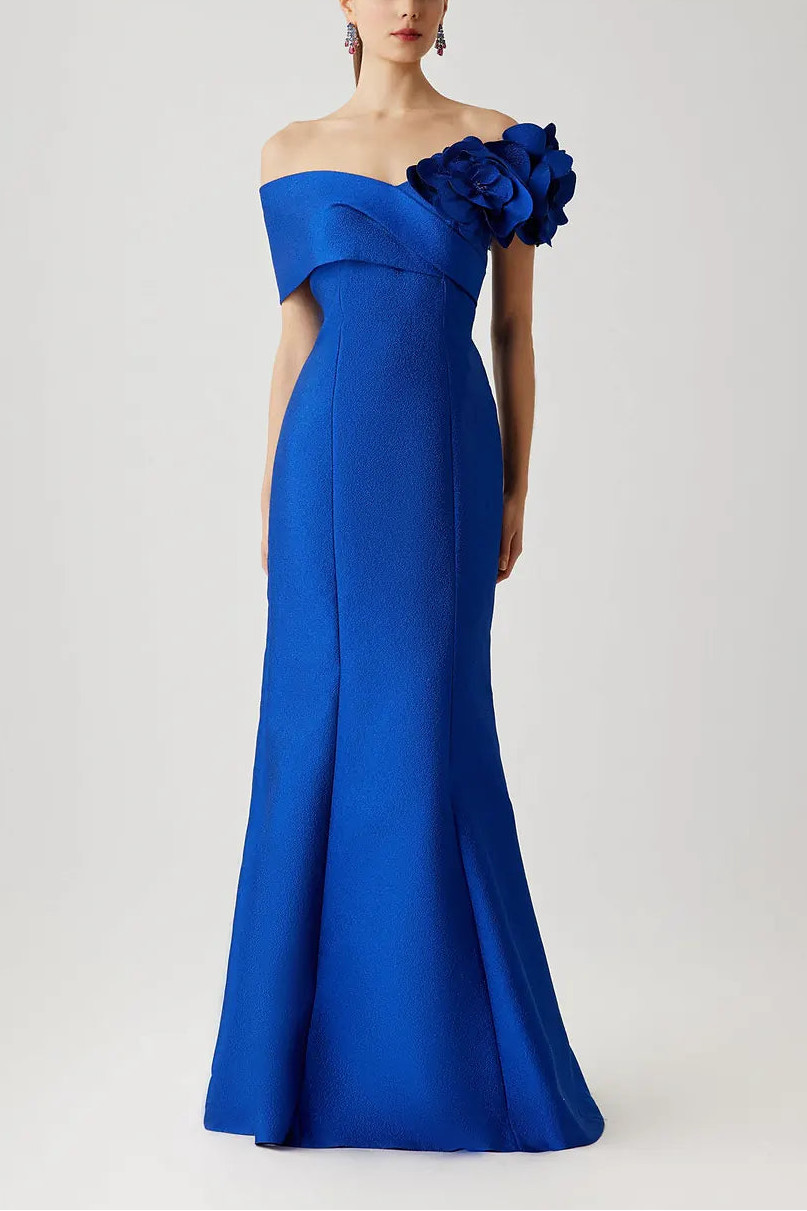 PEBBLE JACQUARD 3D FLOWER OFF THE SHOULDER GOWN