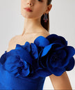PEBBLE JACQUARD 3D FLOWER OFF THE SHOULDER GOWN