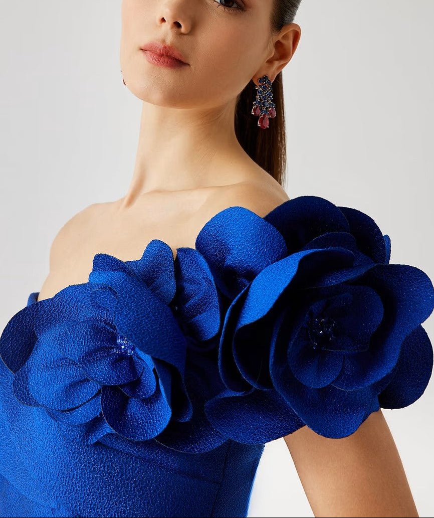 PEBBLE JACQUARD 3D FLOWER OFF THE SHOULDER GOWN