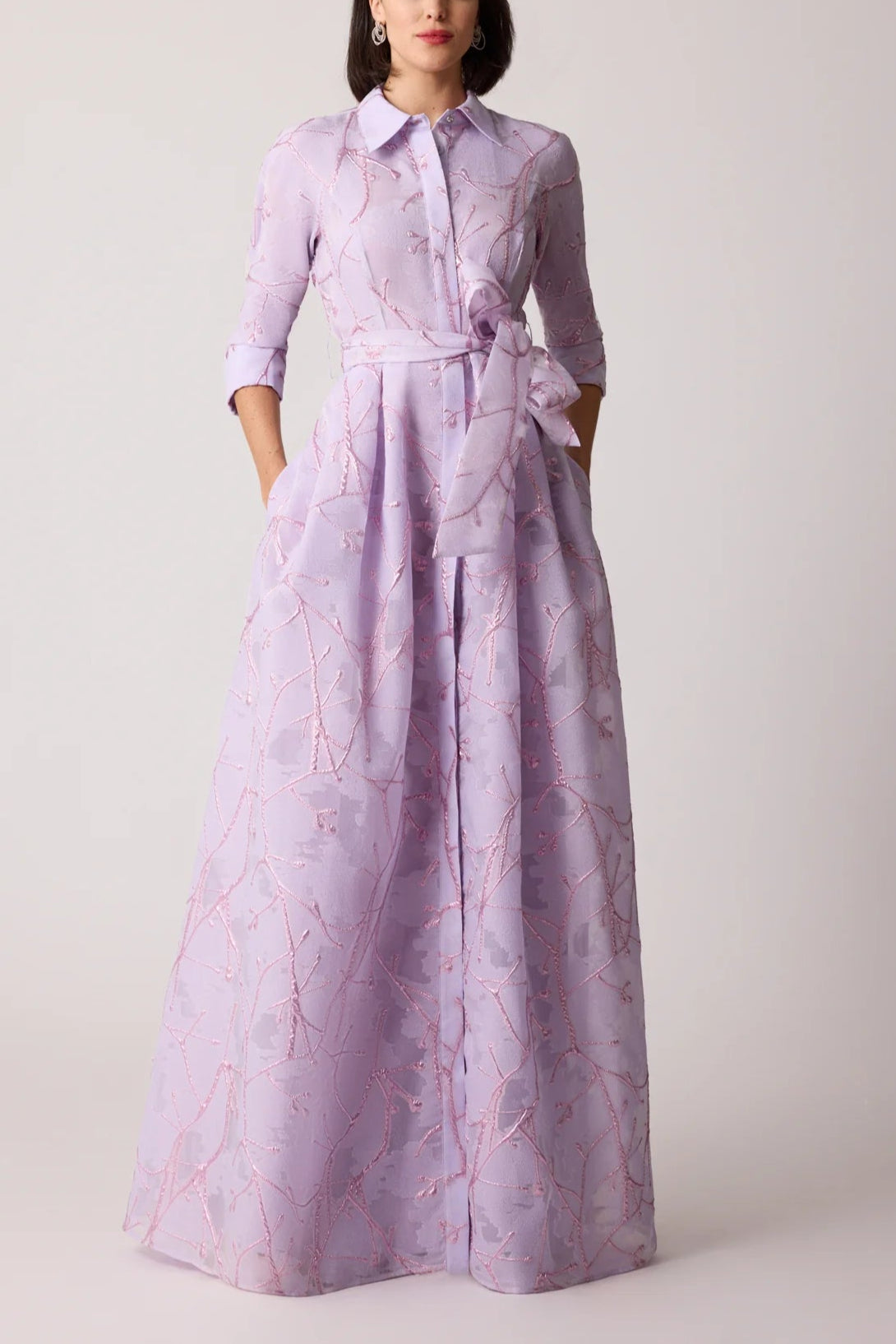 METALLIC ORGANZA SHIRTWAIST GOWN WITH BRANCH MOTIF