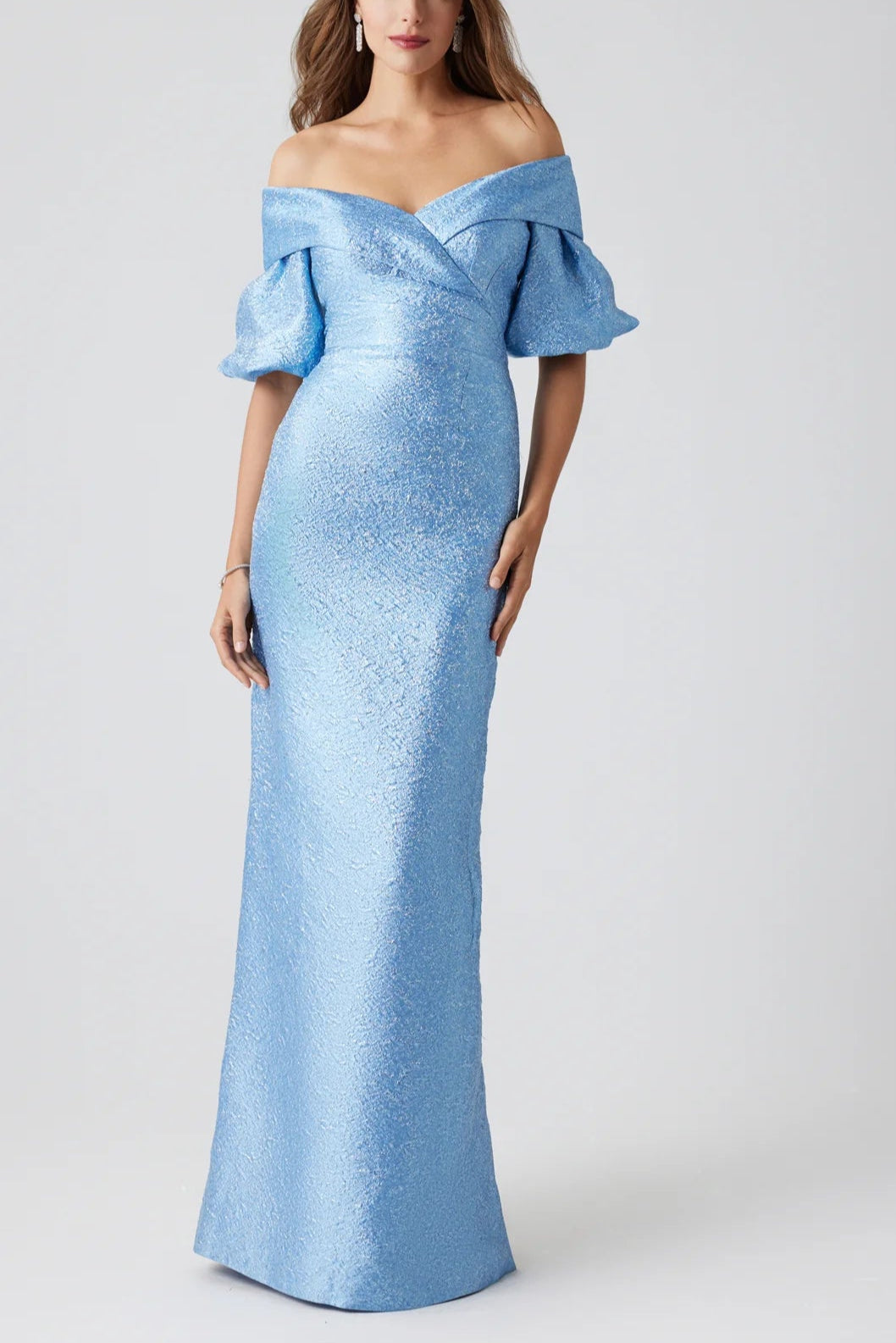 METALLIC JACQUARD OFF SHOULDER PUFF SLEEVE GOWN