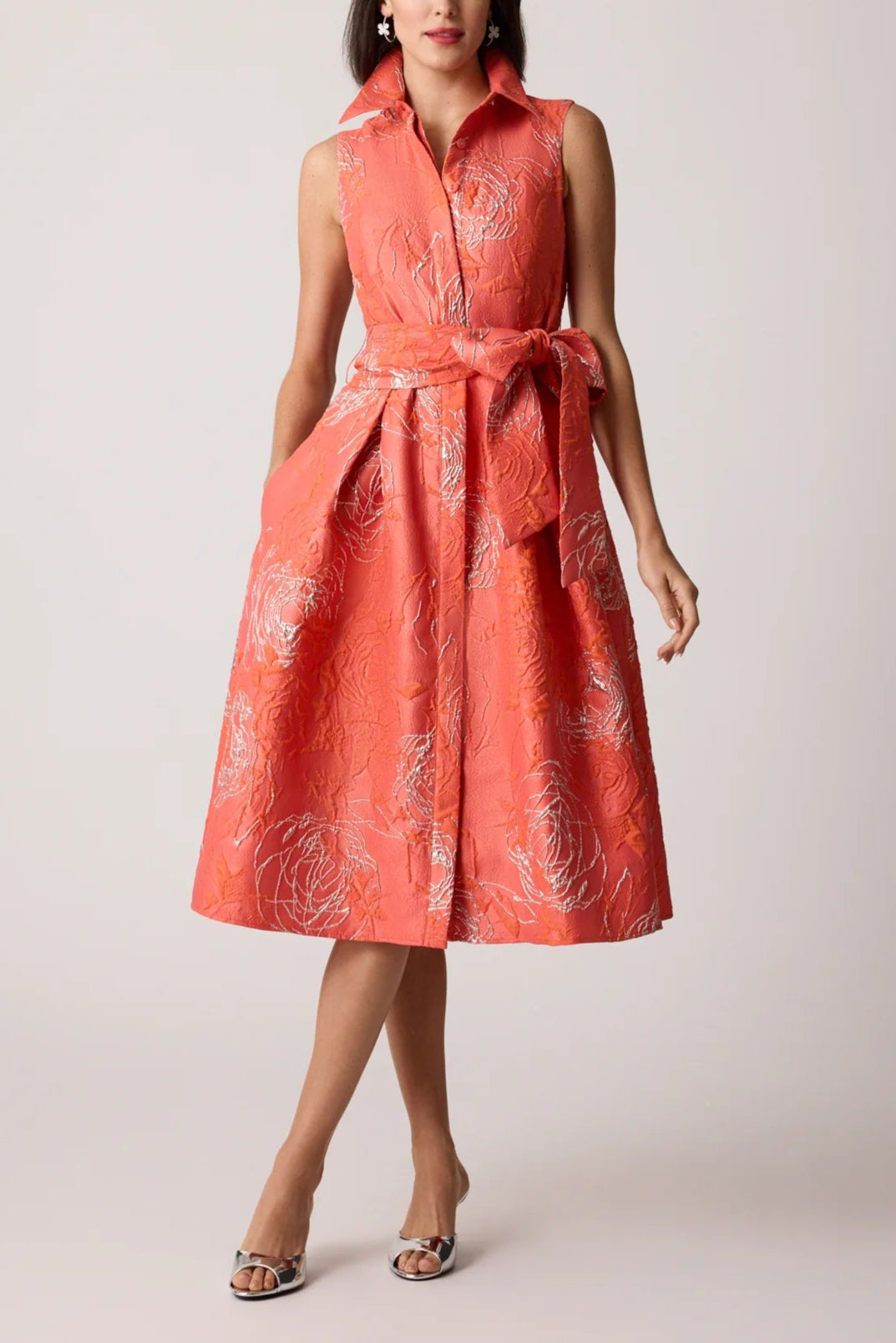 METALLIC FLORAL JACQUARD SLEEVELESS SHIRT DRESS