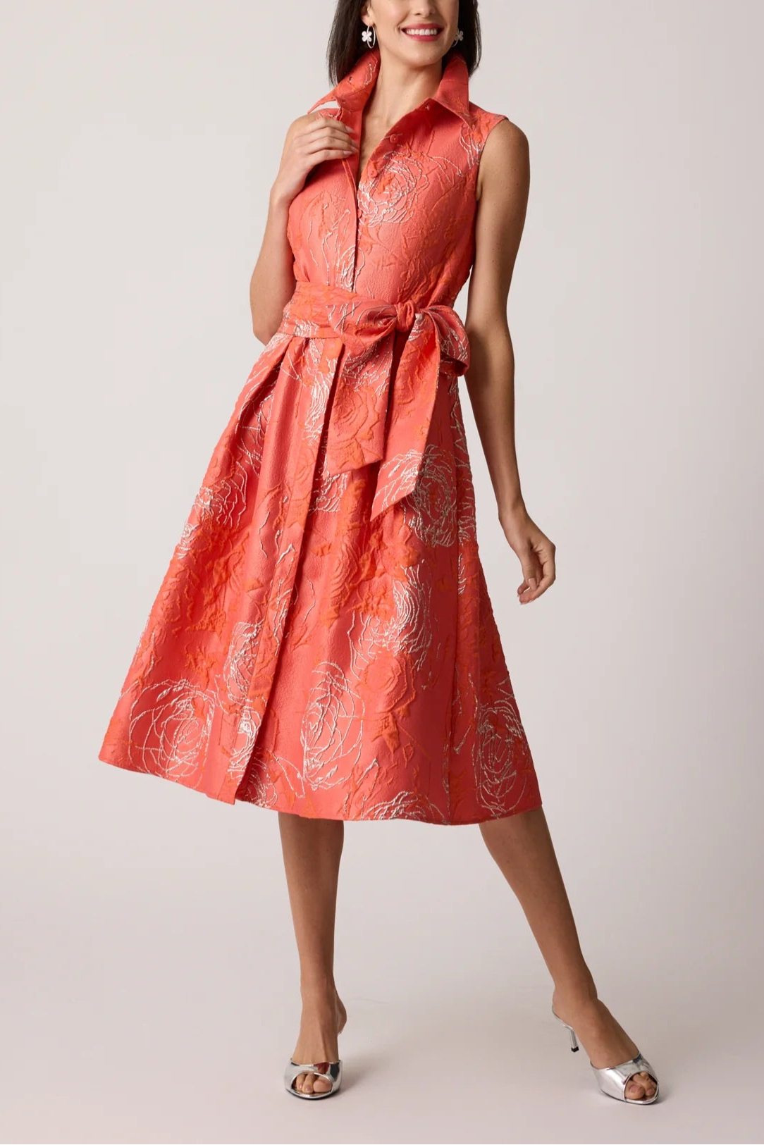 METALLIC FLORAL JACQUARD SLEEVELESS SHIRT DRESS