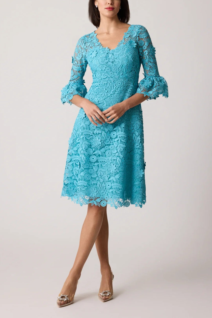 3D FLOWER CROCHET LACE DRESS WITH FLOUNCE CUFFS
