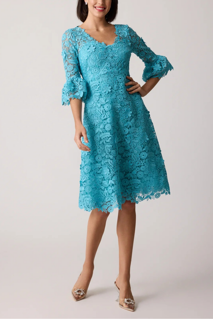 3D FLOWER CROCHET LACE DRESS WITH FLOUNCE CUFFS