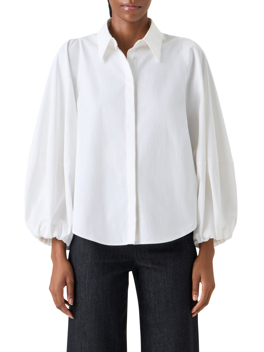 BALLOON SLEEVE COTTON SATIN BUTTON DOWN SHIRT BLOUSE
