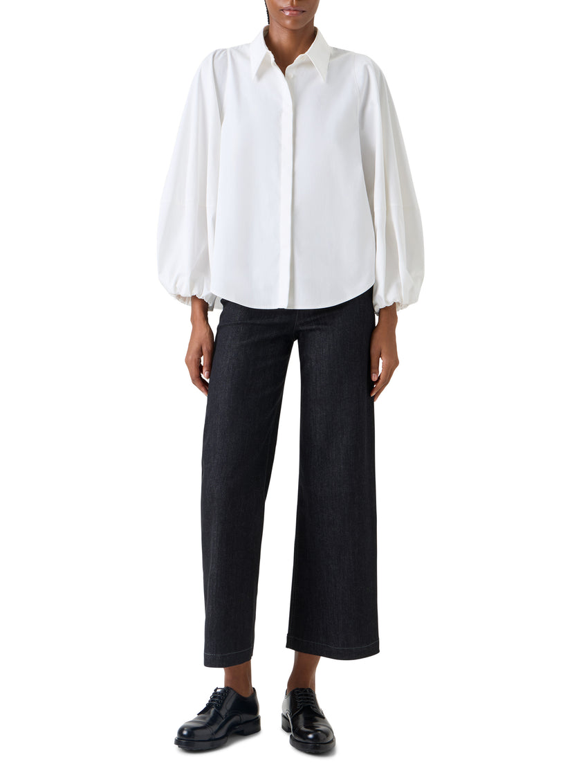 BALLOON SLEEVE COTTON SATIN BUTTON DOWN SHIRT BLOUSE