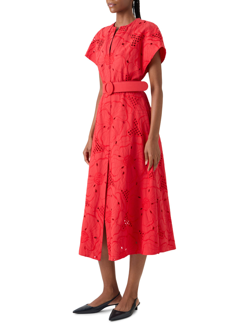 FLORAL EYELET EMBROIDERED MIDI DRESS