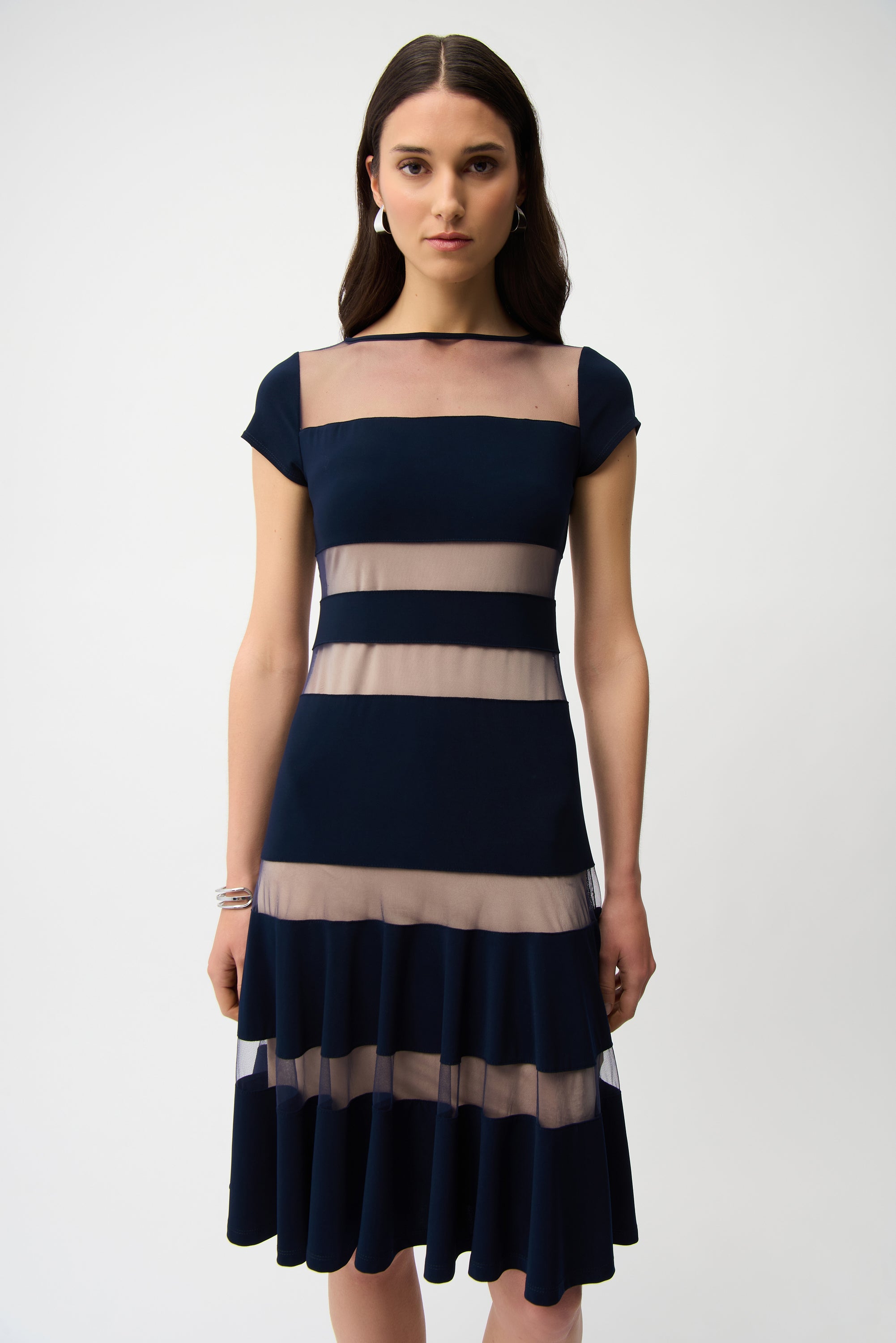 SILKY KNIT FIT AND FLARE DRESS WITH MESH INSERTS