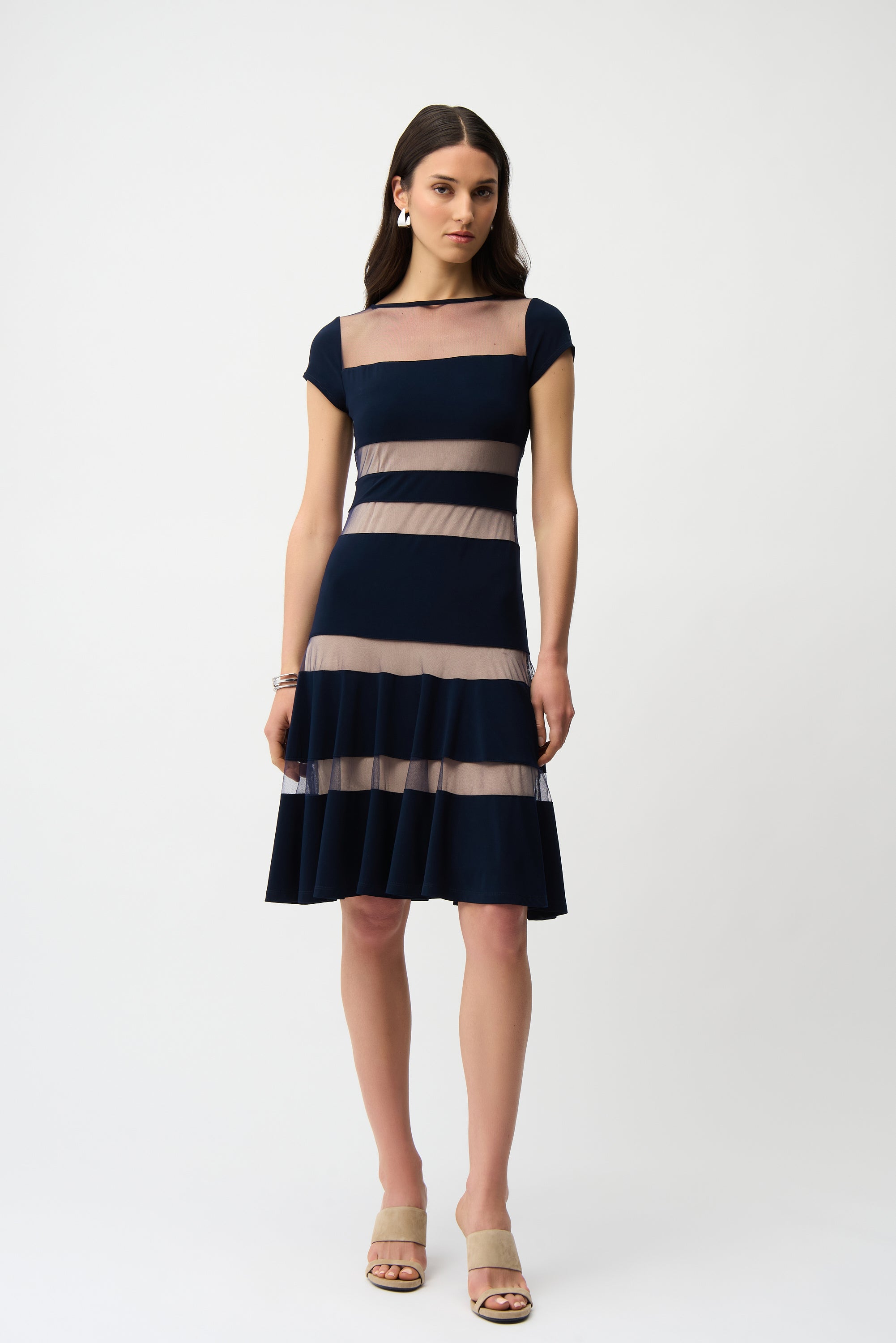 SILKY KNIT FIT AND FLARE DRESS WITH MESH INSERTS