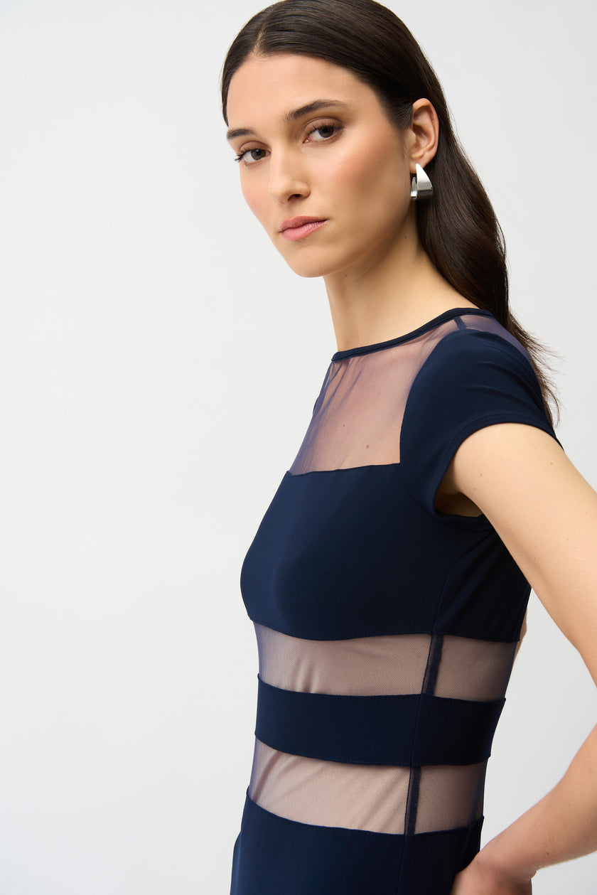 SILKY KNIT FIT AND FLARE DRESS WITH MESH INSERTS