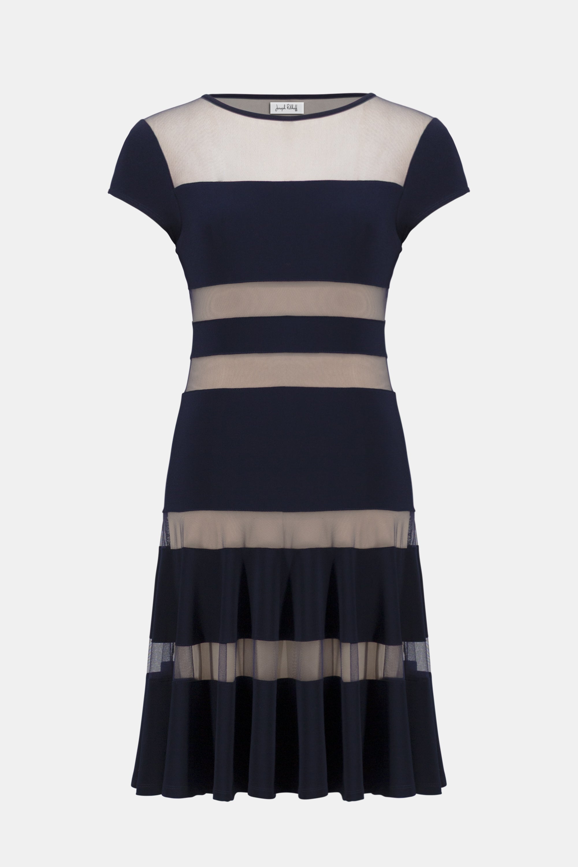 SILKY KNIT FIT AND FLARE DRESS WITH MESH INSERTS