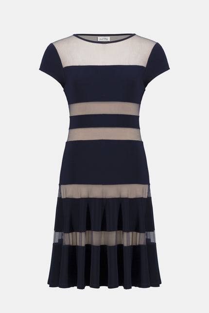 SILKY KNIT FIT AND FLARE DRESS WITH MESH INSERTS