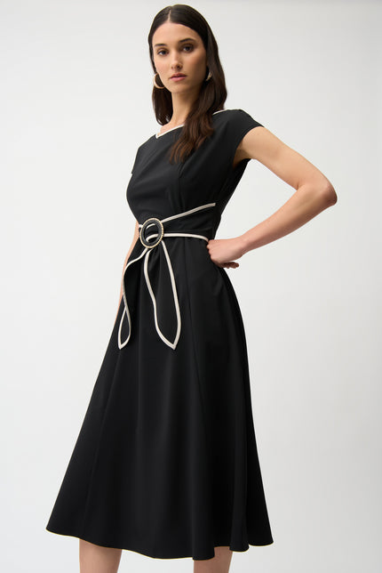 STRETCH WOVEN COLOR BLOCK FIT AND FLARE DRESS WITH SASH