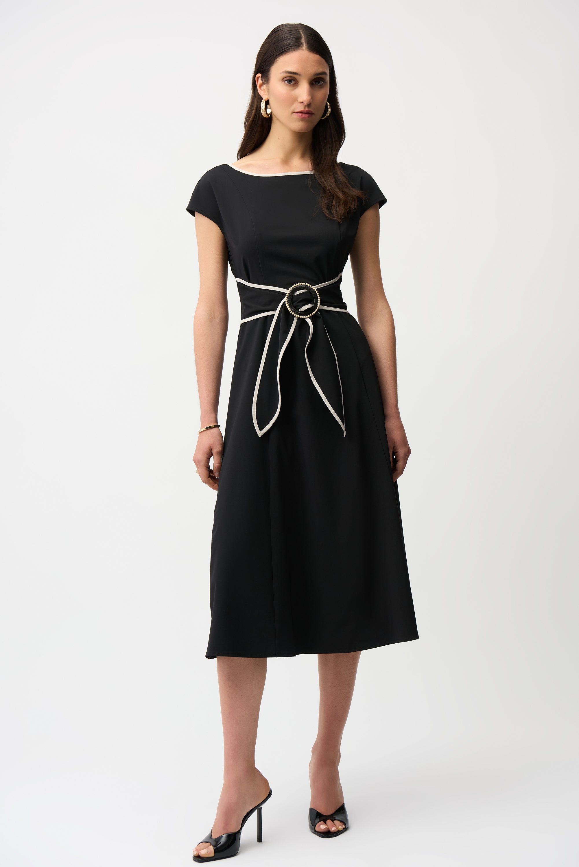 STRETCH WOVEN COLOR BLOCK FIT AND FLARE DRESS WITH SASH
