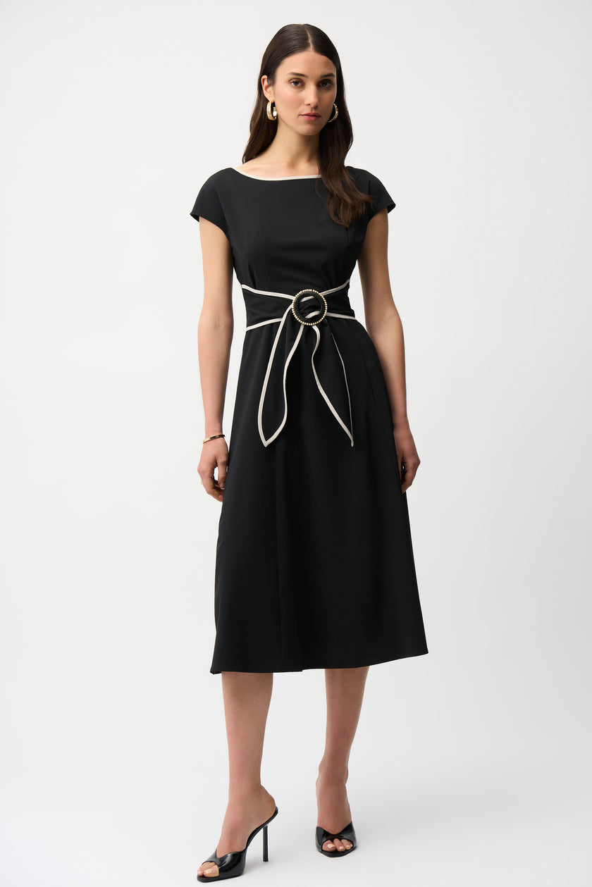 STRETCH WOVEN COLOR BLOCK FIT AND FLARE DRESS WITH SASH