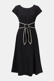 STRETCH WOVEN COLOR BLOCK FIT AND FLARE DRESS WITH SASH