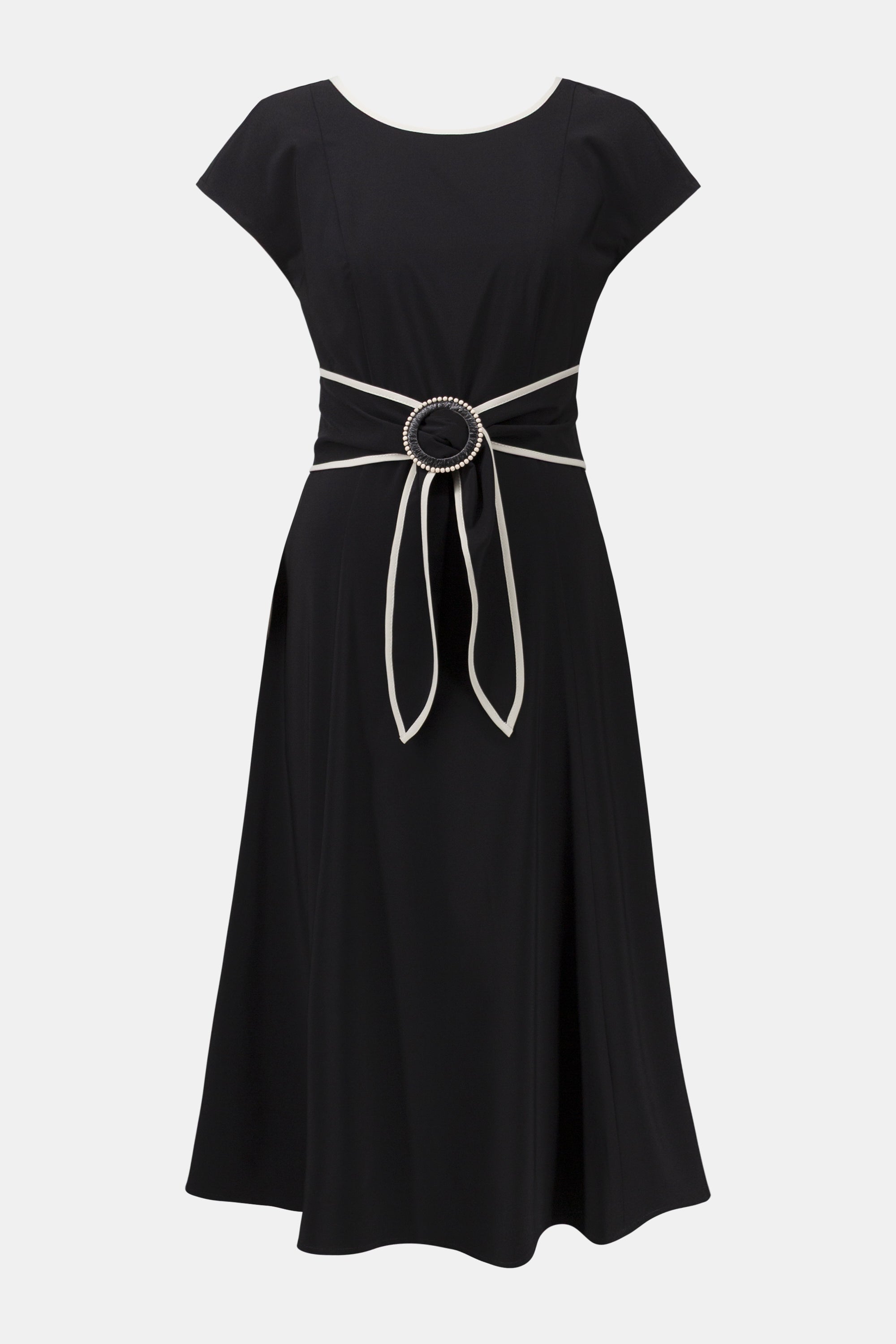 STRETCH WOVEN COLOR BLOCK FIT AND FLARE DRESS WITH SASH