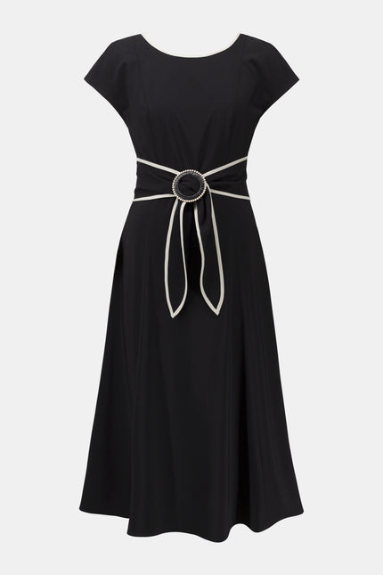 STRETCH WOVEN COLOR BLOCK FIT AND FLARE DRESS WITH SASH