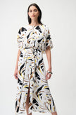 RECYCLED WOVEN TROPICAL PRINT TRAPEZE DRESS WITH SASH