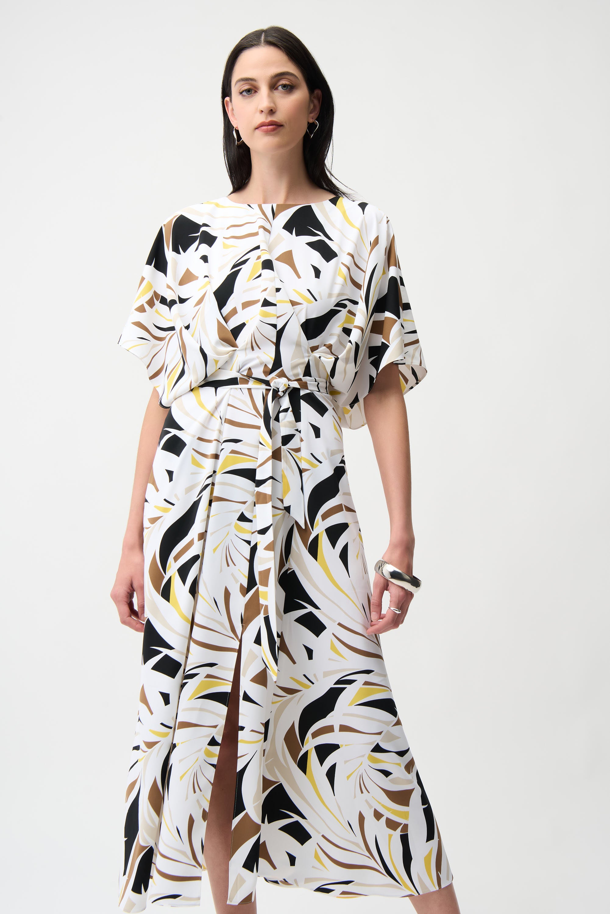 RECYCLED WOVEN TROPICAL PRINT TRAPEZE DRESS WITH SASH