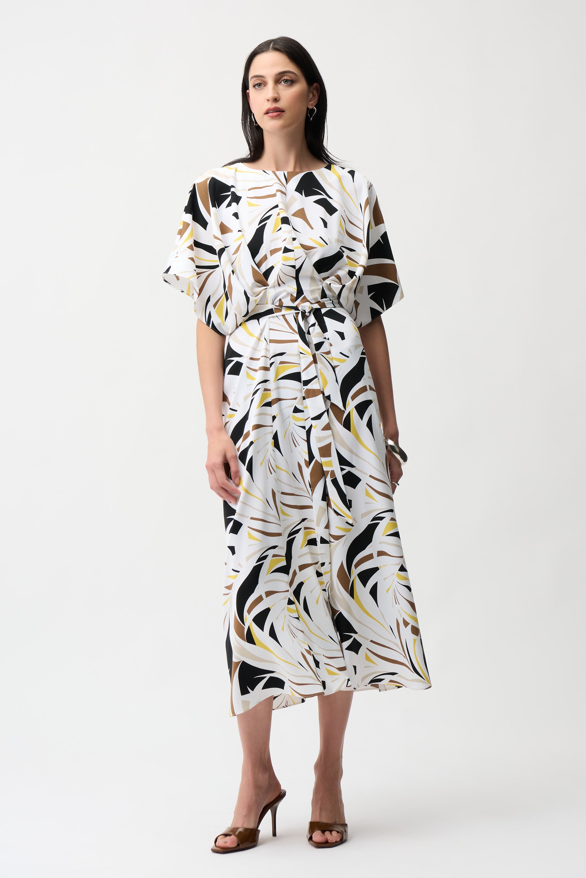 RECYCLED WOVEN TROPICAL PRINT TRAPEZE DRESS WITH SASH