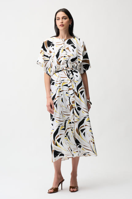 RECYCLED WOVEN TROPICAL PRINT TRAPEZE DRESS WITH SASH