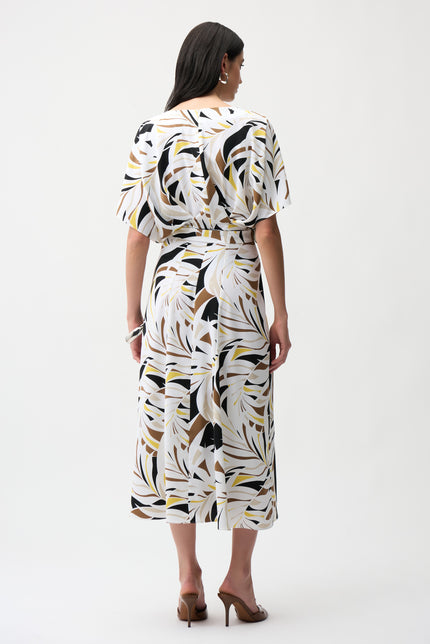 RECYCLED WOVEN TROPICAL PRINT TRAPEZE DRESS WITH SASH