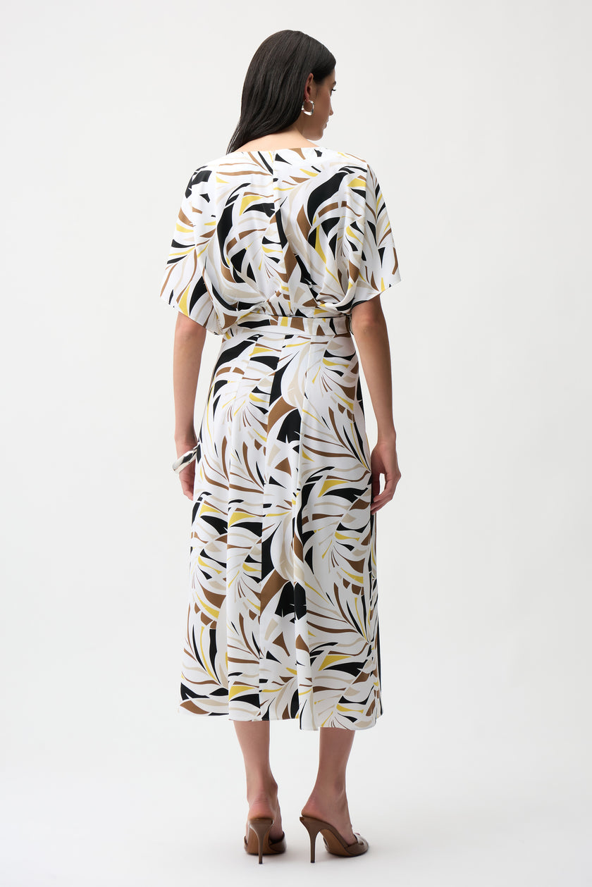 RECYCLED WOVEN TROPICAL PRINT TRAPEZE DRESS WITH SASH