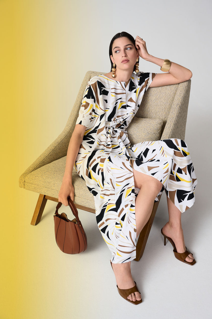RECYCLED WOVEN TROPICAL PRINT TRAPEZE DRESS WITH SASH
