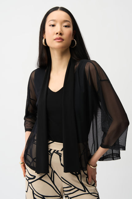 MESH AND SILKY KNIT DRAPED OPEN FRONT COVER UP