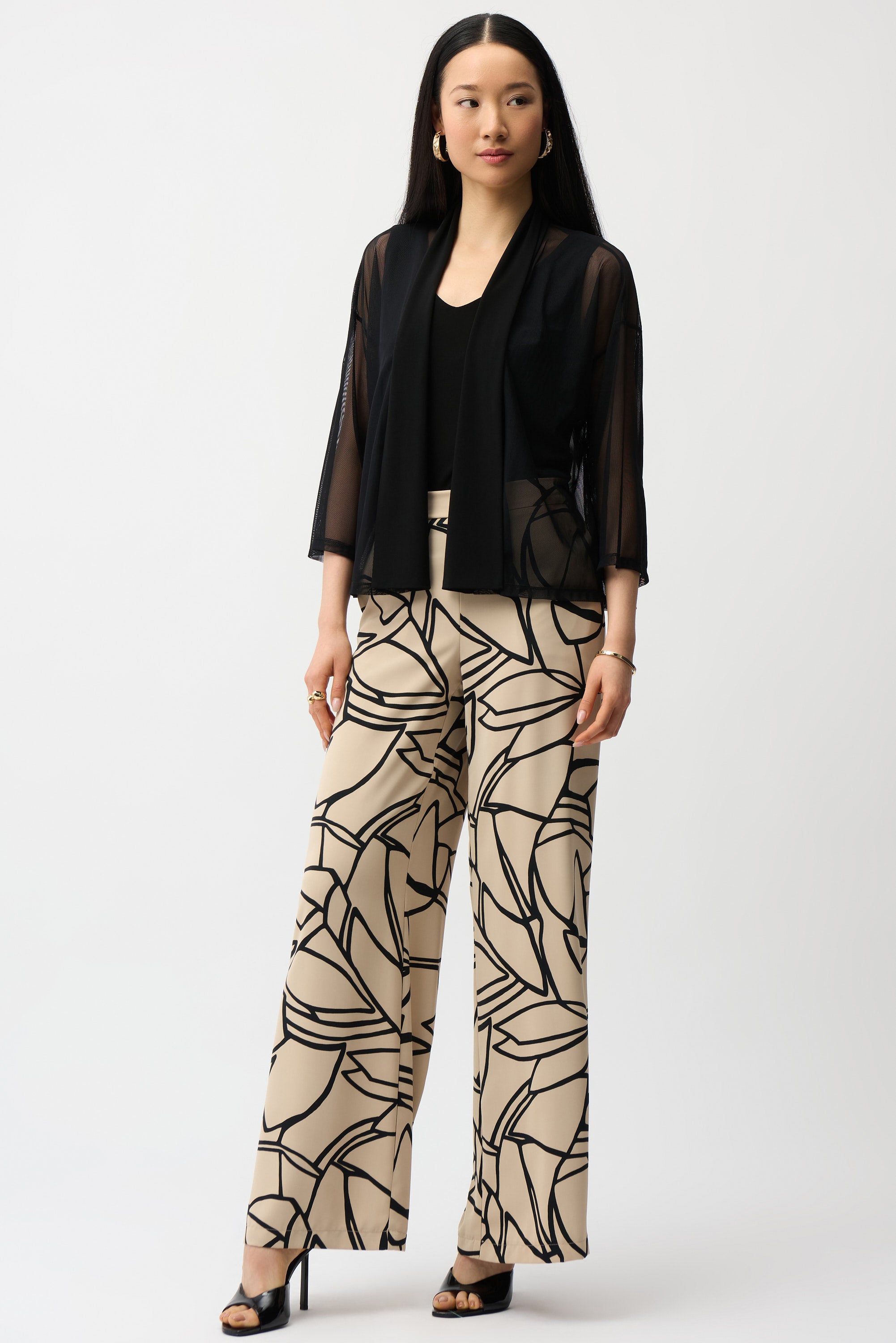 MESH AND SILKY KNIT DRAPED OPEN FRONT COVER UP