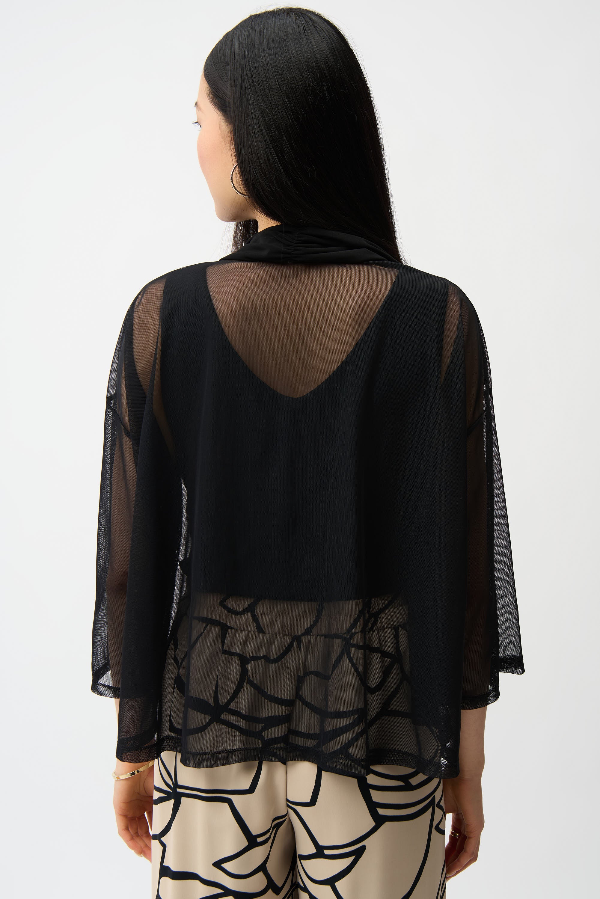 MESH AND SILKY KNIT DRAPED OPEN FRONT COVER UP