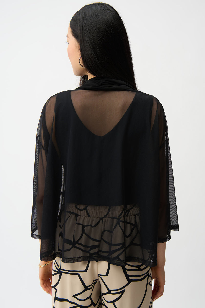 MESH AND SILKY KNIT DRAPED OPEN FRONT COVER UP