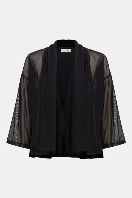 MESH AND SILKY KNIT DRAPED OPEN FRONT COVER UP