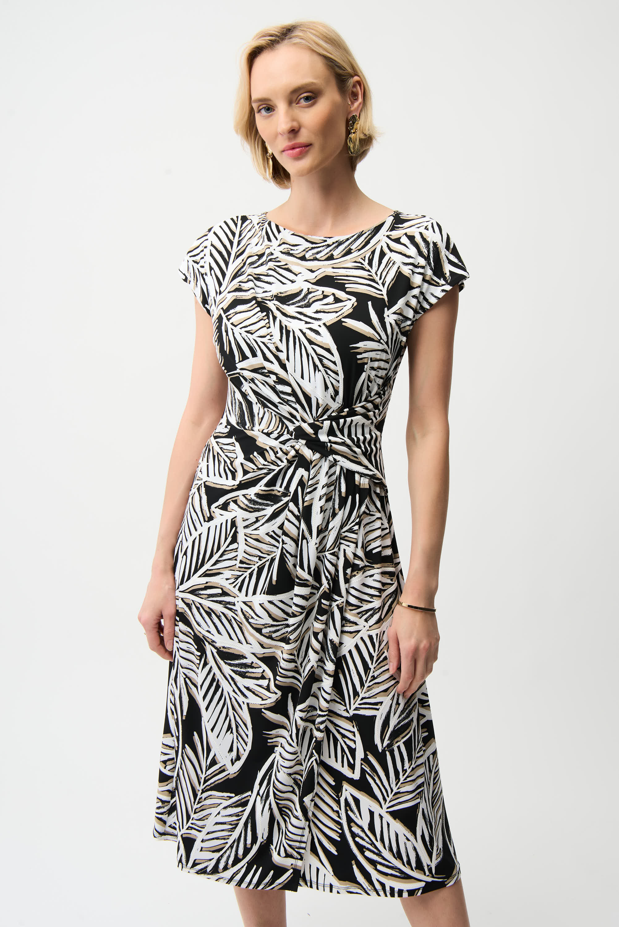 SILKY KNIT PRINT FIT AND FLARE DRESS WITH BOAT NECKLINE
